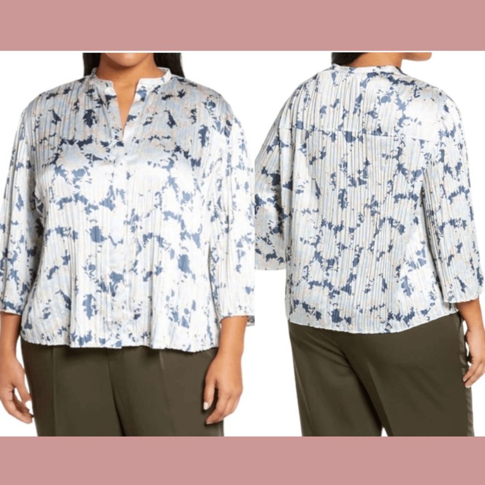 NWT $325 Vince‎ [ PLUS 3X ] Lotus Print Pleated Blouse #6307
